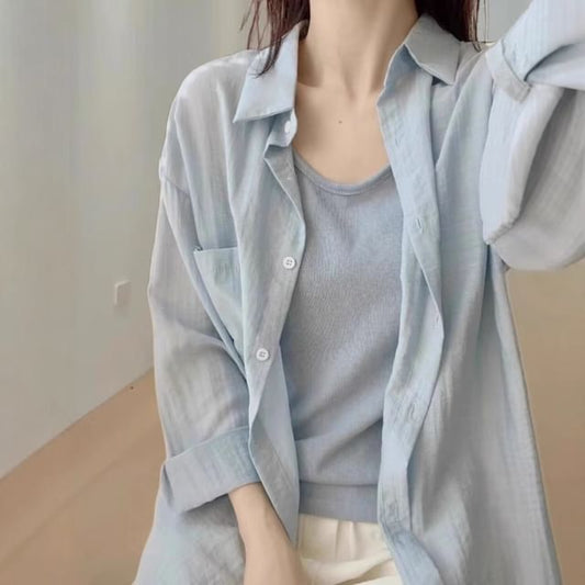 Long-Sleeved Plain Linen Button-Down Shirt