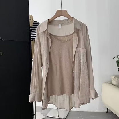 Long-Sleeved Plain Linen Button-Down Shirt