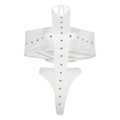 Cold-Shoulder Studded Panel Short-Sleeve Bodysuit & Low-Rise Shorts Set