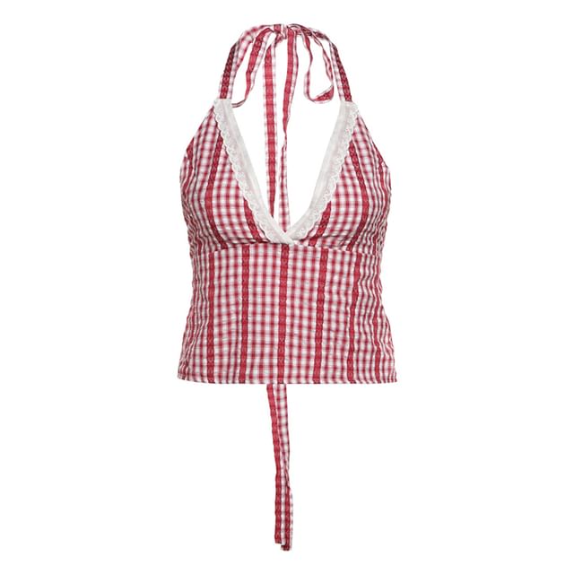 Plaid Halter Top with V-Neckline