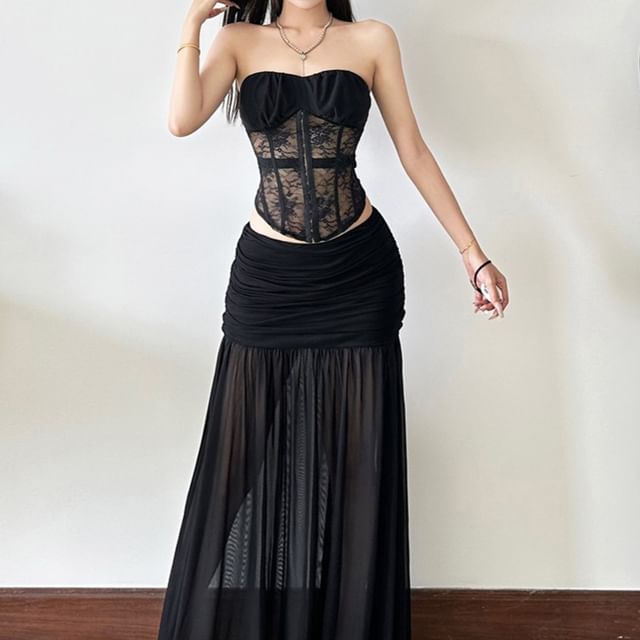 Strapless Plain Crop Top & Low-Waist Maxi A-Line Skirt Set