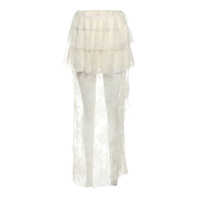 Off-Shoulder Plain Crop Top & Mid-Rise Lace Maxi Skirt Set
