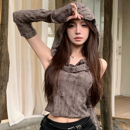 Distressed Cowl-Neck Hooded Crop Tank & Arm Sleeves Set