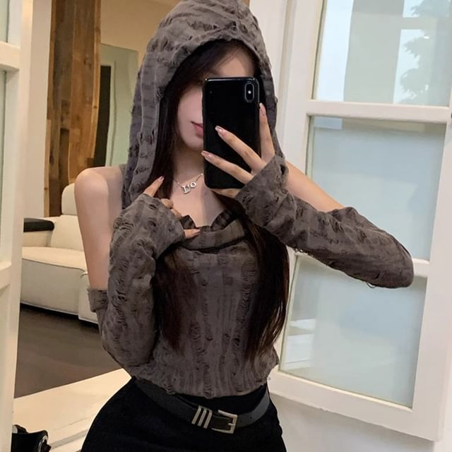 Distressed Cowl-Neck Hooded Crop Tank & Arm Sleeves Set