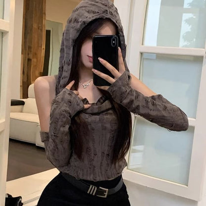 Distressed Cowl-Neck Hooded Crop Tank & Arm Sleeves Set