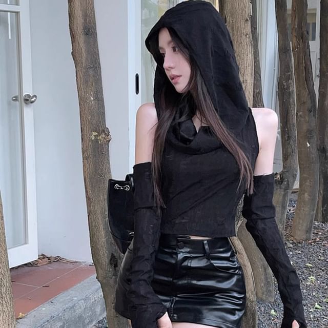Distressed Cowl-Neck Hooded Crop Tank & Arm Sleeves Set