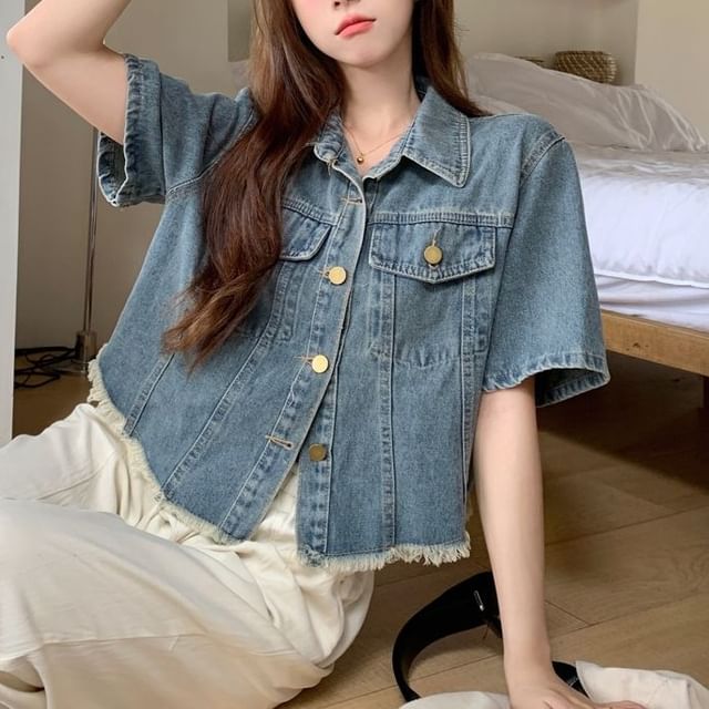 Fringed Denim Button Jacket with Short Sleeves and Collar