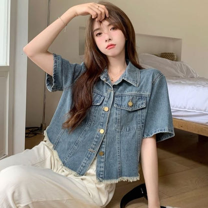 Fringed Denim Button Jacket with Short Sleeves and Collar