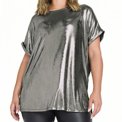 Metallic Oversized Crew-Neck Short-Sleeve T-Shirt
