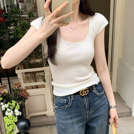 Neck Plain Scoop Top Cap-Sleeve Knit