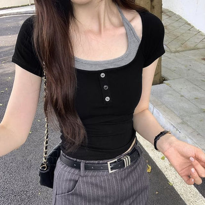 Tone Short-Sleeve Top Two Two-Piece Mock