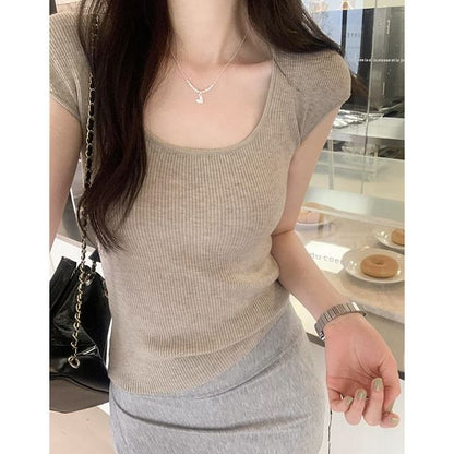 Neck Plain Scoop Top Cap-Sleeve Knit