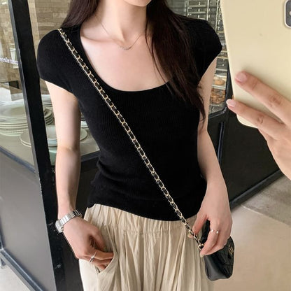 Neck Plain Scoop Top Cap-Sleeve Knit