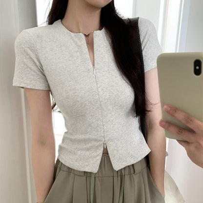 Knit Top Plain Zip-Up Short-Sleeve