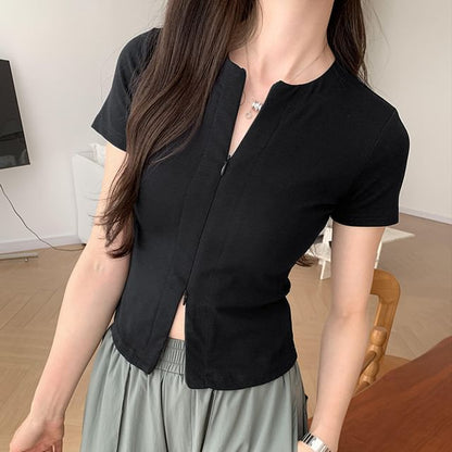 Knit Top Plain Zip-Up Short-Sleeve