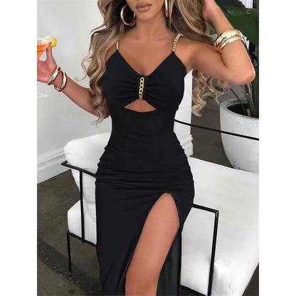 Spaghetti Strap V-Neck Plain Chain Slit Midi Bodycon Dress