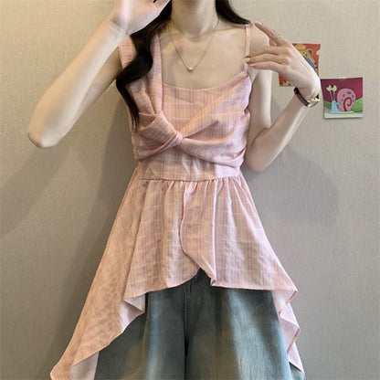 Asymmetrical Plaid Peplum Camisole Top with Flared Hem Detail