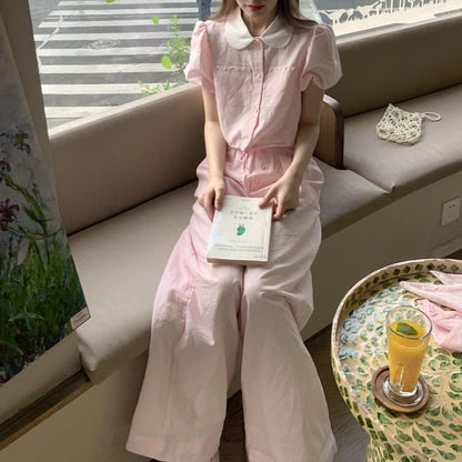 Puff Sleeve Beaded Blouse & Lace Wide Leg Pants