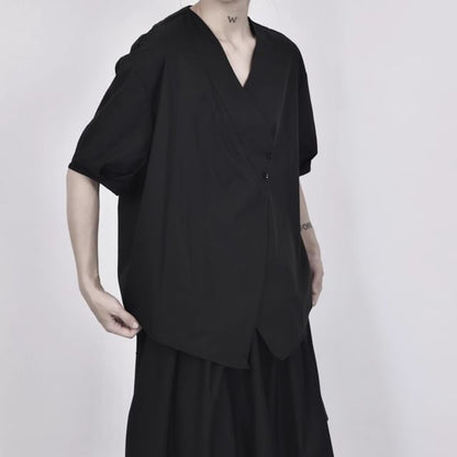 Plain Shirt with Short Sleeves and Flattering V-Neckline Cut