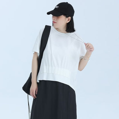 Cinched Plain T-Shirt with Short Sleeves and Round Crewneck Neckline