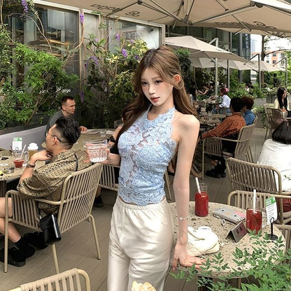 Plain Lace Crop Top Sleeveless with Round Neck, Fringe Shorts and Flared Pants Set
