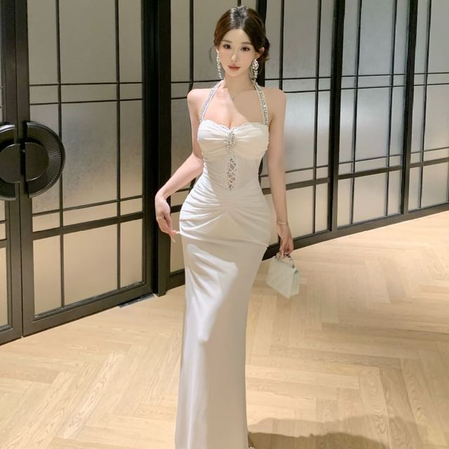 Halter Plain Rhinestone Ruched Panel Sheath Evening Dress