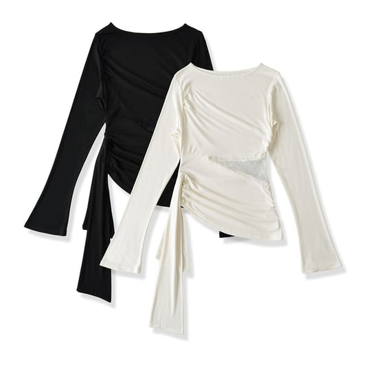 Boat Neck Asymmetrical Panel Lace Top
