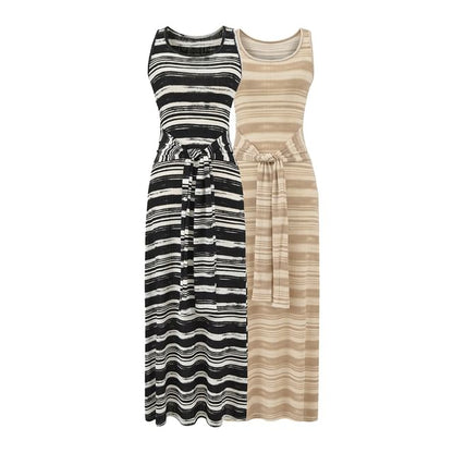 A-Line Striped Neck Tie-Up Dress Maxi Scoop Tank