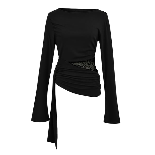 Boat Neck Asymmetrical Panel Lace Top