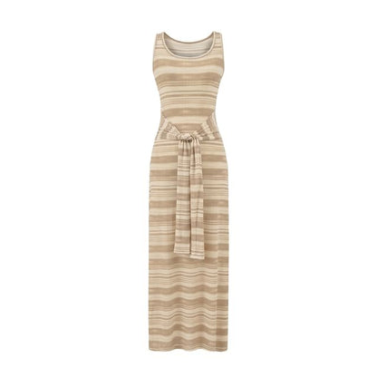 A-Line Striped Neck Tie-Up Dress Maxi Scoop Tank