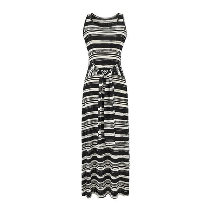 A-Line Striped Neck Tie-Up Dress Maxi Scoop Tank
