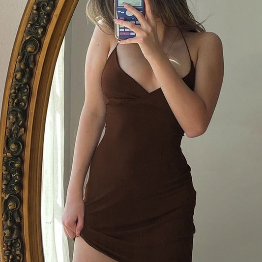 Spaghetti Strap Plain Mini Sheath Dress / Plain Slit Panel Mesh Maxi A-Line Dress