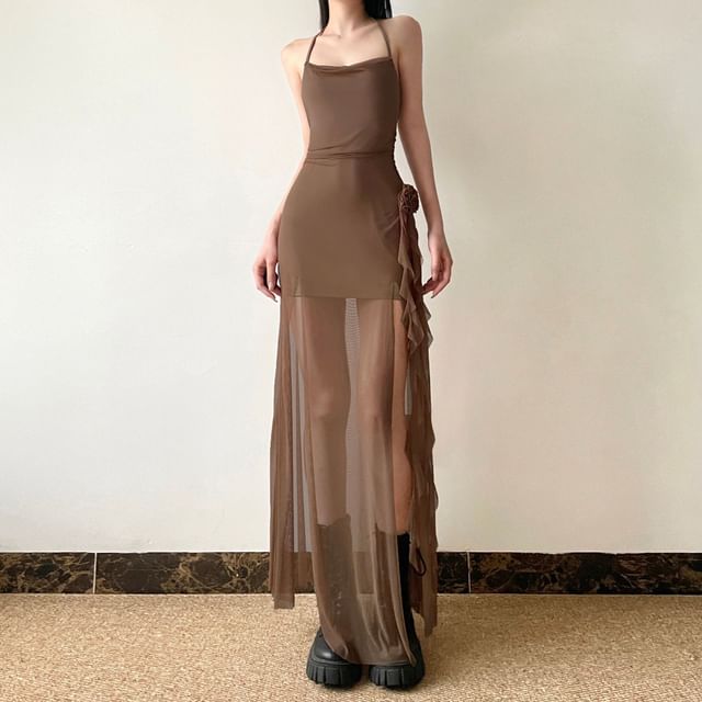 Spaghetti Strap Plain Mini Sheath Dress / Plain Slit Panel Mesh Maxi A-Line Dress