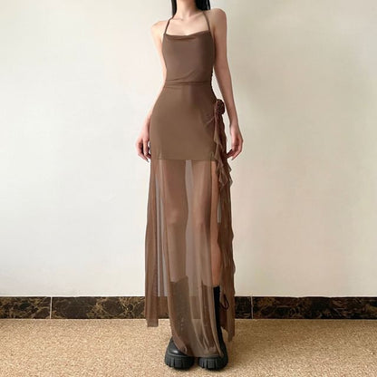 Spaghetti Strap Plain Mini Sheath Dress / Plain Slit Panel Mesh Maxi A-Line Dress