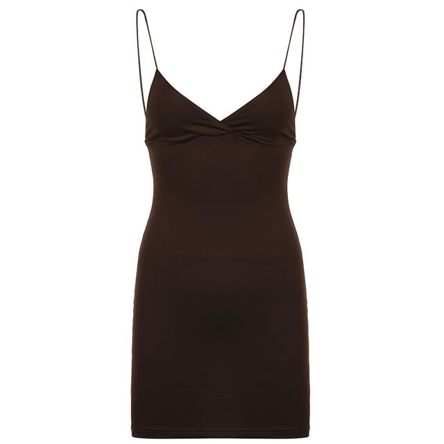 Spaghetti Strap Plain Mini Sheath Dress / Plain Slit Panel Mesh Maxi A-Line Dress