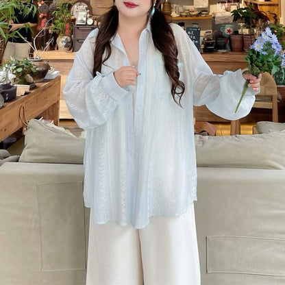Plus Size Striped Lace Trim Oversized Shirt