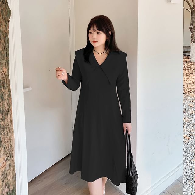 Plus Size Long-Sleeve Collared Plain Midi A-Line Dress