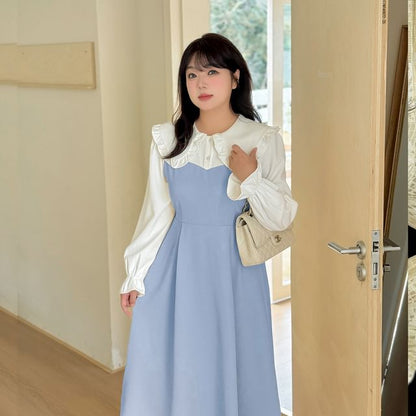 Plus Size Mock Two-Piece Puff-Sleeve Two-Tone Midi A-Line Dress