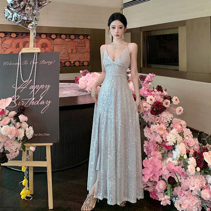 Spaghetti Strap V-Neck Plain Sequin Slit A-Line Evening Dress