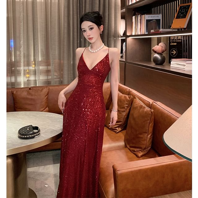 Spaghetti Strap V-Neck Plain Sequin Slit A-Line Evening Dress