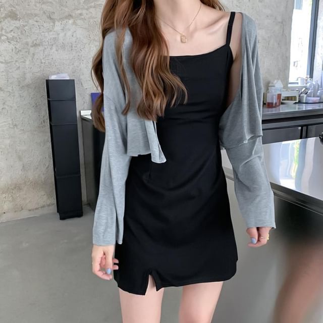 Set: Spaghetti Strap Plain Slit Mini A-Line Dress + Crop Cardigan