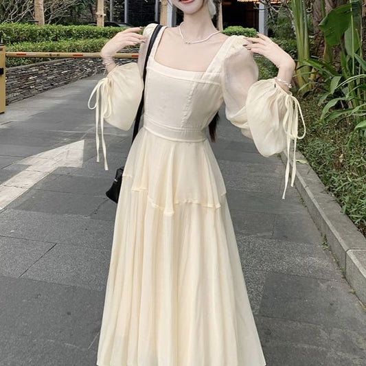 Plain Maxi Neck Long-Sleeve Dress Square A-Line