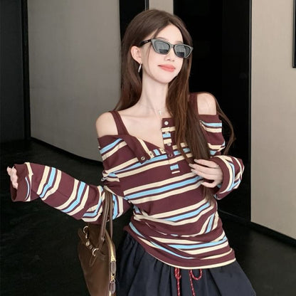 Long Sleeve Henley Cold Shoulder Striped Tee Drawstring Waist Mini A-Line Skirt