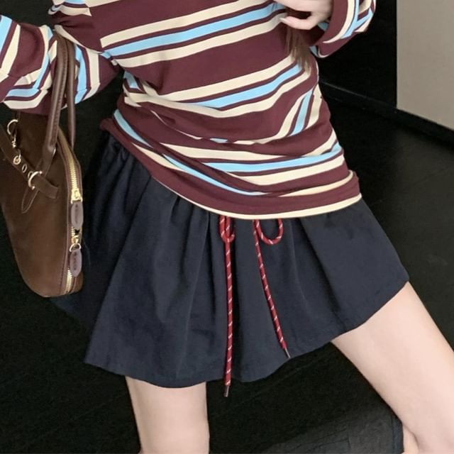 Long Sleeve Henley Cold Shoulder Striped Tee Drawstring Waist Mini A-Line Skirt