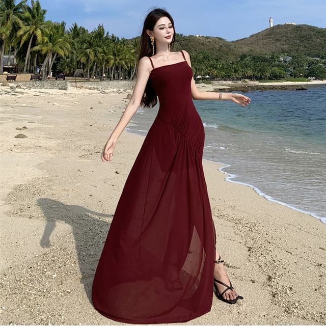 Spaghetti Strap Plain Maxi A-Line Dress
