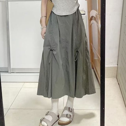 Solid Ruched Midi A-Line Skirt with High Waist