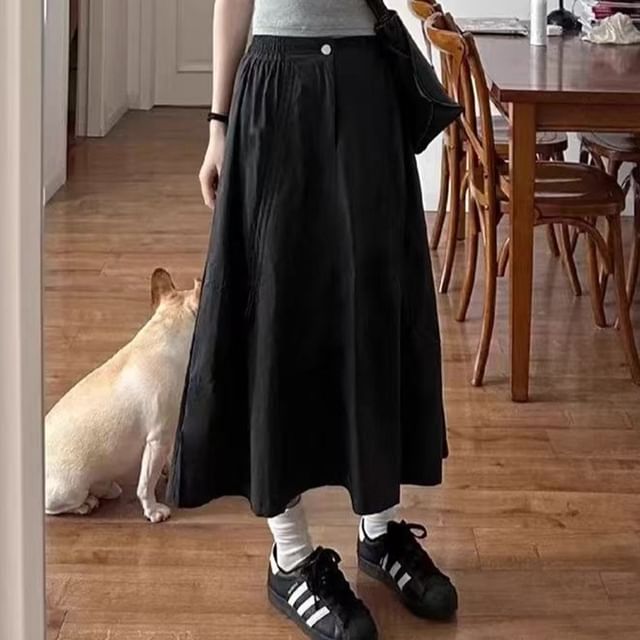 Solid Ruched Midi A-Line Skirt with High Waist