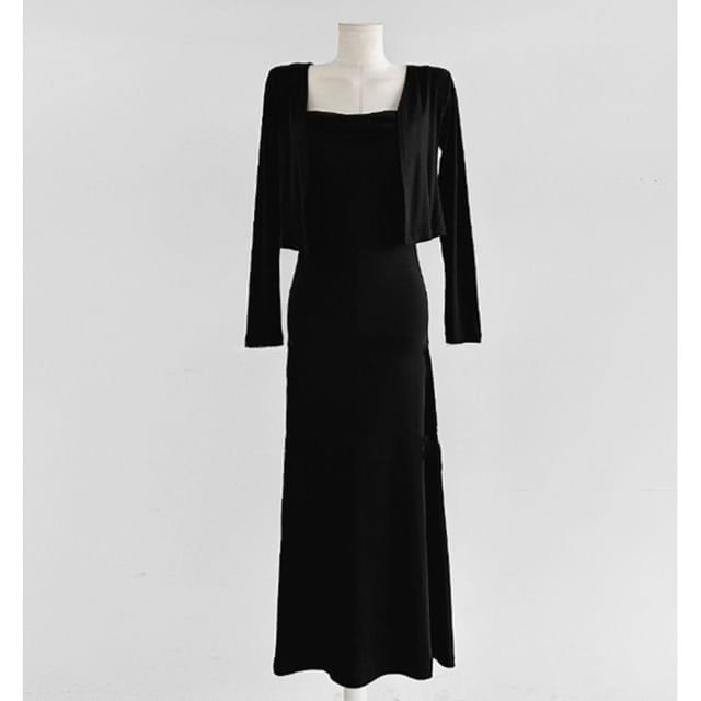 Set: Spaghetti Strap Plain Mini Bodycon Dress + Light Jacket