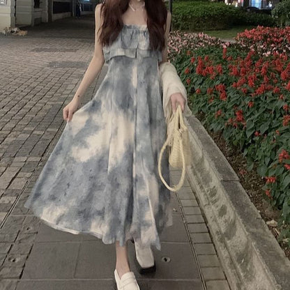 Spaghetti Strap Tie Dye Ruffle Trim Midi A-Line Sundress
