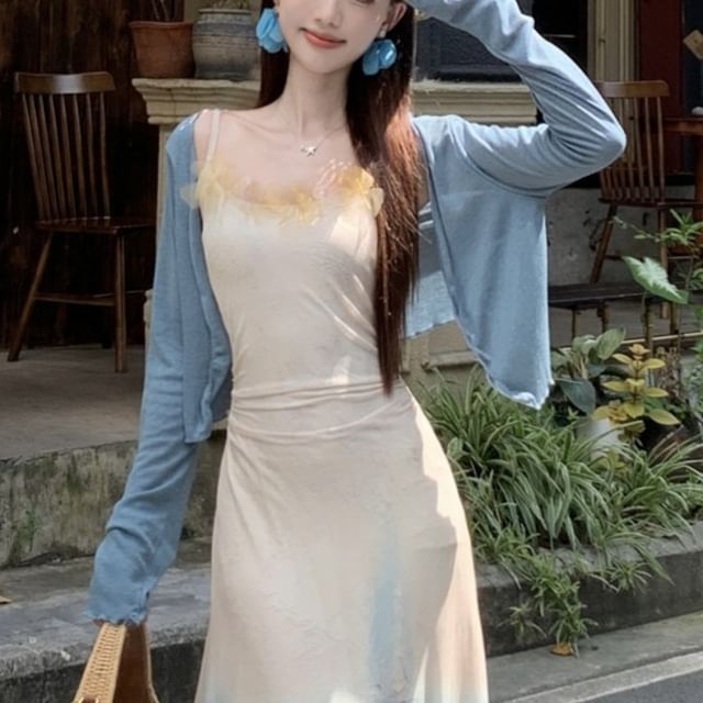 Spaghetti Plain Dress Tie Edge Lettuce Cardigan Strap A-Line Maxi / Dye